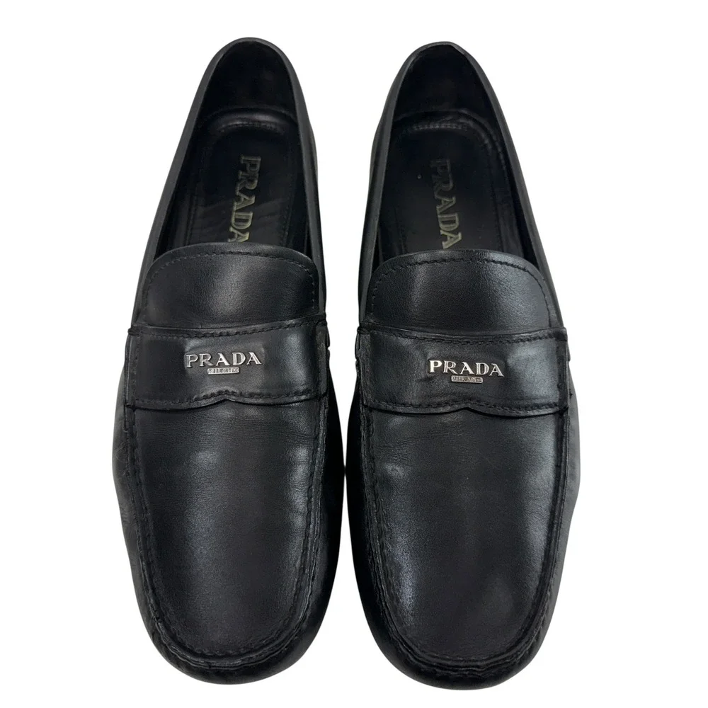 Prada Penny Loafers Driver Shoes Men's Size 8 Mens Black Leather Milano Logo - Picture 2 of 11